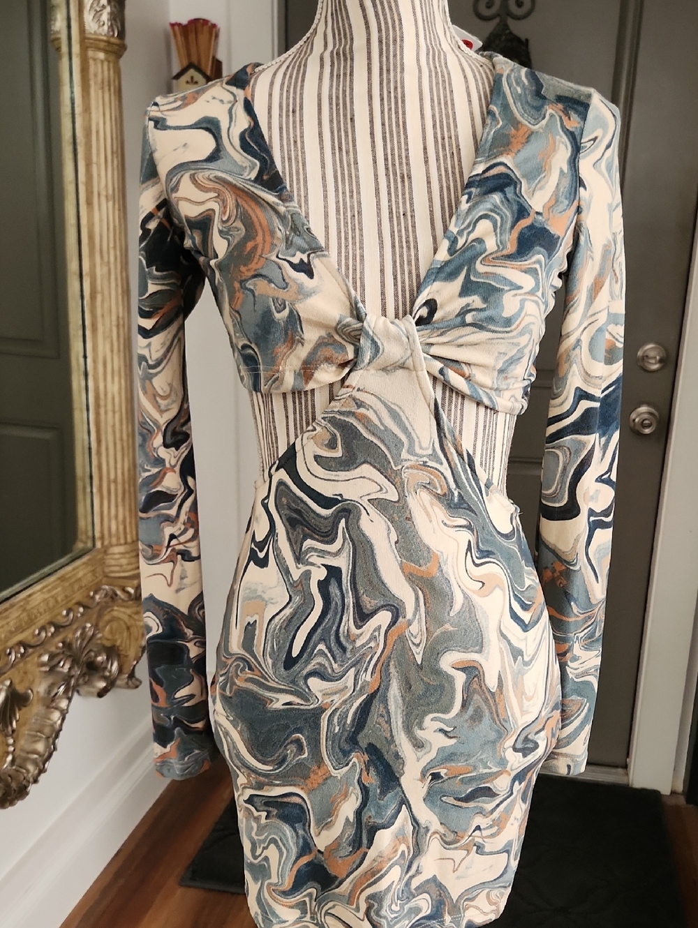 Abstract Marble-Print Long Sleeve Mini Dress
